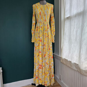 Young Innocent Arpeja Small Vtg Yellow Orange Floral Long Sleeve Maxi Dress